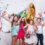 Group of kids celebrate birthday party together. Birthday celebration fun Group of kids celebrate birthday party together. Birthday celebration fun